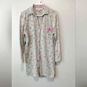 Dearfoams Gray Button-Up Nightshirt with Cat Print Womens Medium